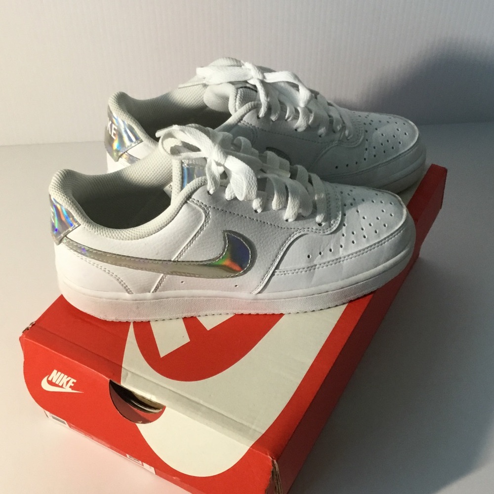 Nike White Low-Top Sneakers with Iridescent Swoosh